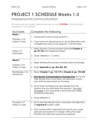 ENGL 313 Business Writing Page 1 of 2
PROJECT 1 SCHEDULE Weeks 1-3
Interpersonal Communication
All homework and project deliverables are due by 11:59 PM on the day/date
indicated in this schedule.
Due Date Complete the Following
Week 1
Thursday 1/10
Today, in class.
1. Introduction to the Course and Unit 1.
2. If you have not already done so, go to Orientation and
complete the work on this page by 11:59 PM today.
Friday 1/11
Homework
1. Read: Business Communication Essentials Chapter 4,
pp. 87-106 and Assignment Sheet
2. Study: slidedocs 1, 2, and 3.
Week 2
Tuesday 1/15
Today, in class.
1. Begin drafting the business correspondence package.
2. Study Appendix A, pp. 426-432, 437
Wednesday 1/16
Homework
1. Read: Chapter 7, pp. 172-179 & Chapter 8, pp. 192-202
2. Peer Review Correspondence Package Due: Go to the
Peer Review Forum and follow the directions to post
your draft for peer review on Thursday.
3. Go to Tools and Resources and decide from the
options how you will create the podcast. Do a test
recording. If you encounter a technical issue, follow
troubleshooting steps.
4. Study: slidedoc 4.
Thursday 1/17
Today, in class.
1. Go to the Peer Review Forum and follow the directions
to respond to a peer’s draft.
2. Pick a presentation style/rule/concept for your audio
podcast and research it to begin writing the script.
Practice the script and record your podcast.
 