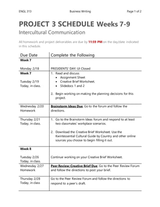 ENGL 313 Business Writing Page 1 of 2
PROJECT 3 SCHEDULE Weeks 7-9
Intercultural Communication
All homework and project deliverables are due by 11:59 PM on the day/date indicated
in this schedule.
Due Date Complete the Following
Week 7
Monday 2/18 PRESIDENTS' DAY: UI Closed
Week 7
Tuesday 2/19
Today, in class.
1. Read and discuss
 Assignment Sheet
 Creative Brief Worksheet.
 Slidedocs 1 and 2
2. Begin working on making the planning decisions for this
project.
Wednesday 2/20
Homework
Brainstorm Ideas Due. Go to the forum and follow the
directions.
Thursday 2/21
Today, in class.
1. Go to the Brainstorm Ideas forum and respond to at least
two classmates’ workplace scenarios.
2. Download the Creative Brief Worksheet. Use the
Kwintessential Cultural Guide by Country and other online
sources you choose to begin filling it out.
Week 8
Tuesday 2/26
Today, in class.
Continue working on your Creative Brief Worksheet.
Wednesday 2/27
Homework
Peer Review: Creative Brief Due. Go to the Peer Review Forum
and follow the directions to post your brief.
Thursday 2/28
Today, in class
1. Go to the Peer Review Forum and follow the directions to
respond to a peer’s draft.
 