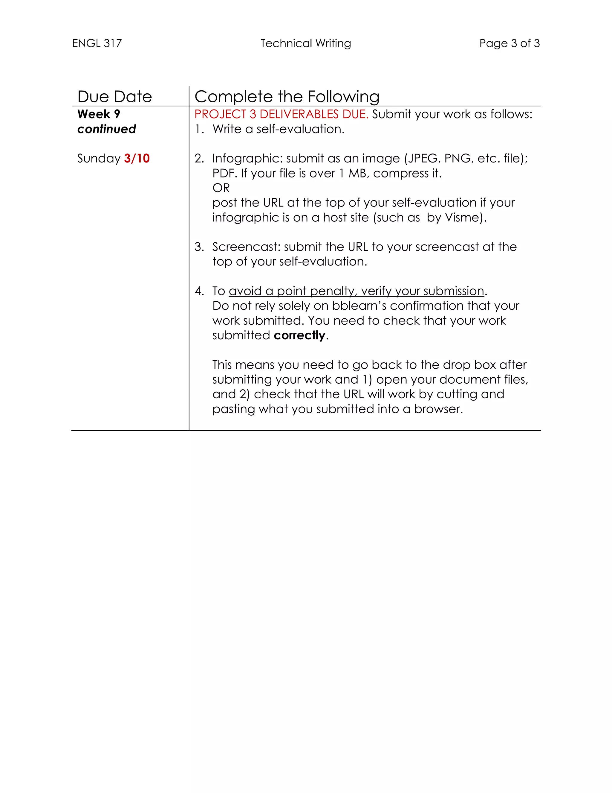 ENGL 317 Technical Writing Page 3 of 3
	
	
Due Date Complete the Following
Week 9
continued
Sunday 3/10
PROJECT 3 DELIVERABLES DUE. Submit your work as follows:
1. Write a self-evaluation.
2. Infographic: submit as an image (JPEG, PNG, etc. file);
PDF. If your file is over 1 MB, compress it.
OR
post the URL at the top of your self-evaluation if your
infographic is on a host site (such as by Visme).
3. Screencast: submit the URL to your screencast at the
top of your self-evaluation.
4. To avoid a point penalty, verify your submission.
Do not rely solely on bblearn’s confirmation that your
work submitted. You need to check that your work
submitted correctly.
This means you need to go back to the drop box after
submitting your work and 1) open your document files,
and 2) check that the URL will work by cutting and
pasting what you submitted into a browser.
 