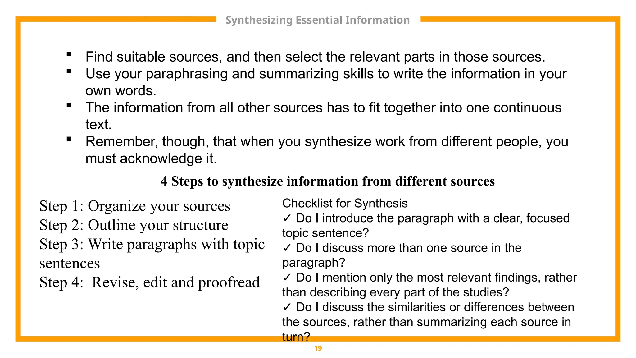 Synthesizing Essential Information
19
 Find suitable sources, and then select the relevant parts in those sources.
 Use your paraphrasing and summarizing skills to write the information in your
own words.
 The information from all other sources has to fit together into one continuous
text.
 Remember, though, that when you synthesize work from different people, you
must acknowledge it.
4 Steps to synthesize information from different sources
Step 1: Organize your sources
Step 2: Outline your structure
Step 3: Write paragraphs with topic
sentences
Step 4: Revise, edit and proofread
Checklist for Synthesis
✓ Do I introduce the paragraph with a clear, focused
topic sentence?
✓ Do I discuss more than one source in the
paragraph?
✓ Do I mention only the most relevant findings, rather
than describing every part of the studies?
✓ Do I discuss the similarities or differences between
the sources, rather than summarizing each source in
turn?
 