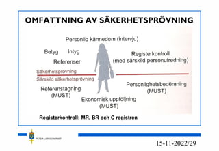 PETER LARSSON RM07
22/2915-11-20
Registerkontroll: MR, BR och C registren
OMFATTNING AV SÄKERHETSPRÖVNING
 