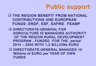 Public support
 THE REGION BENEFIT FROM NATIONAL
CONTRIBUTIONS AND EUROPEAN
FUNDS: ERDF, ESF, EAFRD , FEAMP
 DIRECTORATE-GENERAL FOR
AGRICULTURE IS MANAGING AUTHORITY
OF THE REGION RURAL DEVELOPMENT
PROGRAM , FUNDED FOR THE period
2014 – 2020 WITH 1,2 BILLIONs EURO
 DIRECTORATE-GENERAL MANAGES 10
Millions of EURO per YEAR OF OWN
FUNDS
 