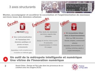 26 Juin 2014
3 Smart Cities : Design et Fab Labs dans les processus de co-
création avec les usagers (IC22)
3 axes structurants
Des tests de nouveaux
services auprès des
citoyens
Design du service, mise au point
de protocoles
d’expérimentation et analyse
des usages
Une contractualisation
de l’ouverture des
données publique et
privée et leurs
croisements
Assembleur multi-compétences et
incubation en méthode agile
Un écosystème Urban
Data et Expérimentations
(Start up, PME innovantes,
Grands comptes, communauté
urbaine)
Animation, démonstrateurs, co-
working, workshop, appels à
projets thématiques,…
Monter, accompagner et accélérer la co-création et l’expérimentation de nouveaux
services issus des données urbaines
Un outil de la métropole intelligente et numérique
Une vitrine de l’Innovation numérique
 