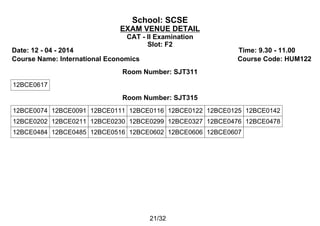 School: SCSE
EXAM VENUE DETAIL
CAT - II Examination
Slot: F2
Date: 12 - 04 - 2014 Time: 9.30 - 11.00
Course Name: International Economics Course Code: HUM122
Room Number: SJT311
12BCE0617
Room Number: SJT315
12BCE0074 12BCE0091 12BCE0111 12BCE0116 12BCE0122 12BCE0125 12BCE0142
12BCE0202 12BCE0211 12BCE0230 12BCE0299 12BCE0327 12BCE0476 12BCE0478
12BCE0484 12BCE0485 12BCE0516 12BCE0602 12BCE0606 12BCE0607
21/32
 