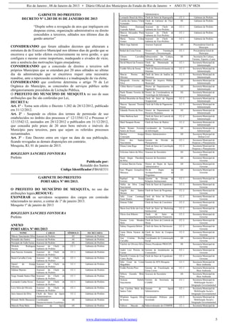 Rio de Janeiro , 08 de Janeiro de 2013 • Diário Oficial dos Municípios do Estado do Rio de Janeiro • ANO IV | Nº 0828
www.diariomunicipal.com.br/aemerj 5
GABINETE DO PREFEITO
DECRETO Nº 1.203 DE 01 DE JANEIRO DE 2013
“Dispõe sobre a revogação de atos que impliquem em
despesas extras, organização administrativa ou direito
concedidos a terceiros, editados nos últimos dias da
gestão anterior”
CONSIDERANDO que foram editados decretos que alteraram a
estrutura da do Executivo Municipal nos últimos dias de gestão que se
encerrava e que terão efeitos exclusivamente na nova gestão, o que
configura o mesmo como inoportuno, inadequado e eivados de vício,
ante a ausência das motivações legais ensejadoras;
CONSIDERANDO que a concessão de direitos a terceiros sob
próprios Municipais que se estendam por 20 anos editados no ultimo
dia da administração que se encerrava requer uma necessária
reanálise, ante a repercussão econômica e a inadequação da via eleita;
CONSIDERANDO que conforme determina o artigo 79 da Lei
Orgânica do Município, as concessões de serviços público serão
obrigatoriamente precedidas de Licitação Pública,
O PREFEITO DO MUNICÍPIO DE MESQUITA no uso de suas
atribuições que lhe são conferidas por Lei,
DECRETA:
Art. 1º - Torna sem efeito o Decreto 1.202 de 28/12/2012, publicado
em 31/12/2012.
Art. 2º - Suspende os efeitos dos termos de permissão de uso
estabelecidos no âmbito dos processos n° 12/13541/12 e Processo n°
12/13542/12, assinados em 28/12/2012 e publicados em 31/12/2012,
que concedia pelo prazo de 20 anos bens móveis e imóveis do
Município para terceiros, para que sejam os referidos processos
reexaminados.
Art. 3º - Este Decreto entra em vigor na data de sua publicação,
ficando revogadas as demais disposições em contrário.
Mesquita, RJ, 01 de janeiro de 2013.
ROGELSON SANCHES FONTOURA
Prefeito
Publicado por:
Reinaldo dos Santos
Código Identificador:FB4AE531
GABINETE DO PREFEITO
PORTARIA Nº 001/2013.
O PREFEITO DO MUNICÍPIO DE MESQUITA, no uso das
atribuições legais,RESOLVE:
EXONERAR os servidores ocupantes dos cargos em comissão
relacionados no anexo, a contar de 1º de janeiro 2013.
Mesquita 1º de janeiro de 2013
ROGELSON SANCHES FONTOURA
Prefeito
ANEXO
PORTARIA Nº 001/2013
NOME CARGO SÍMBOLO SECRETARIA
Márcio Nascimento Silva Assessor do Prefeito AS Gabinete do Prefeito
Reinaldo dos Santos Assessor do Prefeito AS Gabinete do Prefeito
Procópio do Valle Farias Assessor do Prefeito AS Gabinete do Prefeito
Michele Rodrigues
Pereira
Assessor do Chefe de
Gabinete do Prefeito
CC-1 Gabinete do Prefeito
Jean Narciso Arimatéa Assessor do Chefe de
Gabinete do Prefeito
CC-1 Gabinete do Prefeito
Raoni Carvalho Costa Assessor do Chefe de
Gabinete do Prefeito
CC-1 Gabinete do Prefeito
Daniel de Araújo
Oliveira
Assessor do Chefe de
Gabinete do Prefeito
CC-1 Gabinete do Prefeito
Edilene Martins Assessor do Chefe de
Gabinete do Prefeito
CC-1 Gabinete do Prefeito
Jorge Amado Santos Dias Assessor do Chefe de
Gabinete do Prefeito
CC-1 Gabinete do Prefeito
Leonardo Cunha Neves Assessor do Chefe de
Gabinete do Prefeito
CC-1 Gabinete do Prefeito
Levy Silva de Oliveira Assessor do Chefe de
Gabinete do Prefeito
CC-1 Gabinete do Prefeito
Jairo Januzzi da Silva Chefe do Setor de Apoio
Administrativos
CC-2 Gabinete do Prefeito
Rômulo Mello Massacesi Coordenador de
Desenconvimento Econômico
AS Gabinete do Prefeito
Marcelo Pena Melo Diretor de Apoio AS Gabinete do Prefeito
Administrativo
Leonardo Brasil da Silva Chefe do Setor de Reprografia CC-3 Gabinete do Prefeito
Camila dos Santos Vilela
Fernandes
Chefe de Gabinete do Vice-
Prefeito
SS Gabinete do Prefeito
Hudson Henrique
Custodio Rabelo
Assessor do Chefe de
Gabinete do Vice-Prefeito
CC-1 Gabinete do Prefeito
Marcos Alexandre Pinto
Almeida
Assessor do Chefe de
Gabinete do Vice-Prefeito
CC-1 Gabinete do Prefeito
Maria Tereza Uchoa
Gomes
Assessor do Chefe de
Gabinete do Vice-Prefeito
CC-1 Gabinete do Prefeito
Mário Joge Salomé Assessor Especial AS Procuradoria Geral do
Município
Rafael da Costa Ferraz Diretor de Tramitação
Processual e Documentação
CC-1 Procuradoria Geral do
Município
Ulisses Carvalho
Sampaio
Subsecretário De Cultura,
Turismo, Esporte e Lazer
SS Secretaria De Cultura,
Turismo, Esporte e Lazer
David Maciel da Fonseca Chefe de Manutenção de
Hadware
CC-1 Secretaria Municipal de
Administração
Evaldo Silva de Sousa Chefe de Desenvolvimento de
Sistemas
CC-3 Secretaria Municipal de
Administração
Marcio Pereira de
Oliveira
Chefe do Setor de Análise de
Processos
CC-3 Secretaria Municipal de
Administração
Margareth Ferreira da
Silva
Diretor do Arquivo Público
Municipal
AS Secretaria Municipal de
Administração
Cleber Barros Louzada Diretor do Departamento de
Pagamentos
AS Secretaria Municipal de
Administração
Paulo Renato Ferreira de
Souza
Diretor da Coordenadoria de
Tecnologia da Informaçào
AS Secretaria Municipal de
Administração
Rafael Moutinho de Deus Chefe do Setor de Higiene
Ocupacional
CC-2 Secretaria Municipal de
Administração
Marcus Spezani Pereira
Souza
Chefe da Folha de Pagamento CC-3 Secretaria Municipal de
Administração
Eduardo Pereira da Hora Diretor do Departamento de
Recursos Humanos
AS Secretaria Municipal de
Administração
Fábio Barbosa Iack Chefe do Setor de Controle de
Bens Imóveis
CC-2 Secretaria Municipal de
Administração
Marli Sampaio Roma Chefe do Setor de Malote CC-2 Secretaria Municipal de
Administração
Paulo Renato Ferreira
Santos de Souza
Coordenador de Tecnologia
da Informação
AS Secretaria Municipal de
Administração
Marlon Araújo
Conceição
Diretor Administrativo AS Secretaria Municipal de
Defesa Civil
Élcio dos Santos
Nascimento
Gerente da Divisão de
Planejamento
CC-1 Secretaria Municipal de
Despesas e Planejamento
Eliana Lima Rego Chefe do Setor de Conciliação
Bancária
CC-2 Secretaria Municipal de
Despesas e Planejamento
Feliciano Inácio da Silva Assessor do Secretário AS Secretaria Municipal de
Governo
Paulo Sérgio Theodoro
da Silva
Assessor do Secretário AS Secretaria Municipal de
Governo
Cristiane Barreto Farias Diretor do Depto de Apoio
Administrativo
AS Secretaria Municipal de
Governo
Itaci Wagner Gonçalves
Massuca
Dir.do Depto de
Acompanhamento de
Programas
AS Secretaria Municipal de
Governo
Raphael de Souza
Ferreira
Gerente da Divisão de
Relações Institucionais
CC-1 Secretaria Municipal de
Governo
Odilia da Silva Lima
Nascimento
Chefe do Setor de Expediente CC-2 Secretaria Municipal de
Governo
Angelo dos Santos
Moraes
Chefe do Setor de Programas CC-2 Secretaria Municipal de
Governo
Julio Cesar Camargo
Souto Soares
Chefe do Setor de Projetos
Especiais
CC-2 Secretaria Municipal de
Governo
Simone Vidal Chefe do Setor de Convênios CC-2 Secretaria Municipal de
Governo
Maria José Kifer da Cruz Chefe do Setor de Marketing
Institucional
CC-2 Secretaria Municipal de
Governo
Flávio José Ribeiro Chefe do Setor de
Acompanhamento Financeiro
CC-2 Secretaria Municipal de
Governo
Suzana Leite Mendes
Melo
Chefe do Setor de Controle de
Metas
CC-2 Secretaria Municipal de
Governo
Sidney Nogueira Belem Chefe do Setor de Patrimonio CC-2 Secretaria Municipal de
Governo
Tania Maria Nicácio da
Silva
Chefe do Setor de Compras
Diretas
CC-2 Secretaria Municipal de
Governo
Ana Cristina Rocha
Carvalho
Coordenador de Comunicação
Social
AS Secretaria Municipal de
Governo
Valcleir de Oliveira Silva Diretor Presidente PROCON SS Secretaria Municipal de
Governo
André Luiz Pereira do
Carmo
Gerente de Atendimento ao
Consumidor
CC-1 Secretaria Municipal de
Governo
Danielle Cristina da Cruz
Castro Rocha
Chefe do Setor de Expediente CC-1 Secretaria Municipal de
Governo
Julio Cesar da Costa
Magalhães
Gerente da APA Mesquita CC-1 Secretaria Municipal de
Meio Ambiente
Eraldo Pereira Pires Gerente de Fiscalização de
Feiras Livres
CC-1 Secretaria Municipal de
Meio Ambiente
Débora Gusmão Brito
Pires
Assessor do Secretário AS Secretaria Municipal de
Meio Ambiente
Aretusa Rabelo
Nascimento
Gerente da Secretaria da
CAMM
CC-1 Secretaria Municipal de
Mobilização Social e
Integração Governamental
Ana Carolina Melo dos
Santos Tuler
Gerente de Apoio
Administrativo
CC-1 Secretaria Municipal de
Mobilização Social e
Integração Governamental
Wladimir Augusto Silva
de Souza
Coordenador Politicas para
Juventude
CC-2 Secretaria Municipal de
Mobilização Social e
Integração Governamental
Edilson Macedo de Subcoordenador do COMPIR CC-1 Secretaria Municipal de
 