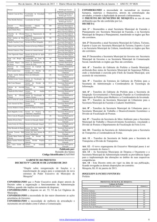 Rio de Janeiro , 08 de Janeiro de 2013 • Diário Oficial dos Municípios do Estado do Rio de Janeiro • ANO IV | Nº 0828
www.diariomunicipal.com.br/aemerj 6
Moraes Mobilização Social e
Integração Governamental
Flademir Lima da Silva Coordenador de Articulação
Institucional
CC-1 Secretaria Municipal de
Mobilização Social e
Integração Governamental
Thias Botelho Barboza Coordenador de Projeto CC-1 Secretaria Municipal de
Mobilização Social e
Integração Governamental
Antonio Marcos
Rodrigues Zichtl
Secretário Adjunto de
Projetos de Obras
SM Secretaria Municipal de
Obras e Serviços Públicos
Laerci Osório Paiva Subsecretário SS Secretaria Municipal de
Obras e Serviços Públicos
Sebastião de Oliveira
Amorim
Diretor do Departamento de
Engenharia
AS Secretaria Municipal de
Obras e Serviços Públicos
Almir Antônio da Silva
Valentim
Diretor do Departamento de
Serviços Públicos
AS Secretaria Municipal de
Obras e Serviços Públicos
Claudio Anselmo Costa Gerente de Obras Delegadas CC-1 Secretaria Municipal de
Obras e Serviços Públicos
Alberto Lopes Lima Neto Gerente de Serviços Públicos CC-1 Secretaria Municipal de
Obras e Serviços Públicos
Antonio Francisco Vilar Gerente de Controle Interno CC-1 Secretaria Municipal de
Obras e Serviços Públicos
Celso Figueiredo Nunes Gerente da Divisão de Apoio
Administrativo
CC-1 Secretaria Municipal de
Obras e Serviços Públicos
Jorge Luis Borges da
Silva
Coordenador de Frota de
Veículos Automotores
AS Secretaria Municipal de
Trânsito e Transporte
Leonardo Miguez Lima
de Souza
Diretor do Departamento de
Controle de Frota
AS Secretaria Municipal de
Trânsito e Transporte
Mauricio da Costa
Azevedo
Assessor de Captação de
Recursos
AS Secretaria Municipal de
Urbanismo
Vitor Lacana Graça Gerente da Divisão de
Fiscalização e Postura
CC-1 Secretaria Municipal de
Urbanismo
Cláudio Aurèlio Barbosa
de Oliveira
Diretor de Edificações AS Secretaria Municipal de
Urbanismo
Nathalia Gomes Tavares Gerente de Fiscalização de
Edificações
CC-1 Secretaria Municipal de
Urbanismo
Julio Cesar Marques Gerente da Divisão de
Informações
CC-1 Secretaria Municipal de
Urbanismo
Adriano de Azevedo
Souza
Diretor de Cadastro
Imobiliario
AS Secretaria Municipal de
Urbanismo
Cláudia da Silva Sobral Gerente de Analise
Imobiliaria
CC-1 Secretaria Municipal de
Urbanismo
Patricia de Oliveira
Villardo
Gerente de Fiscalização de
Cadastro Técnico
CC-1 Secretaria Municipal de
Urbanismo
Nara Cristina de Lucena Gerente da Divisão de Projeto
Técnico Social
CC-1 Secretaria Municipal de
Urbanismo
Lucio Antonio da Silva Gerente de Análise
Orçamentária
CC-1 Secretaria Municipal de
Urbanismo
Larissa Medeiros Gomes Diretor do Depto de Projetos AS Secretaria Municipal de
Urbanismo
Karla Maghelly Corrêa Gerente de Projetos de
Urbanismo e Arquitetura
CC-1 Secretaria Municipal de
Urbanismo
Flávio Lima de Mesquita Assessor do Secretario AS Secretaria Municipal de
Educação
Andréa Silveira Dutra Gerente de Educação Infantil CC-1 Secretaria Municipal de
Educação
Luana Gomes de Oliveira Gerente de Educação Integral CC-1 Secretaria Municipal de
Educação
Fábio Bernardo de Bastos Gerente de Anos finais do
Ensino Fundamental
CC-1 Secretaria Municipal de
Educação
Luciana Ferreira Melo
Silva
Gerente dos Anos Iniciais do
Ensino Fundamental
CC-1 Secretaria Municipal de
Educação
Claudia Maria Pontes de
Oliveira
Gerente da Divisào de
Conselhos
CC-1 Secretaria Municipal de
Educação
Sheila Suzane Pereira da
Silva
Gerente Divisão Projetos
Especiais
CC-1 Secretaria Municipal de
Educação
Ana Lúcia Gomes de
Souza
Gerente de Assuntos
Educacionais
CC-1 Secretaria Municipal de
Educação
Publicado por:
Reinaldo dos Santos
Código Identificador:EA855845
GABINETE DO PREFEITO
DECRETO Nº 1.204 DE 01 DE JANEIRO DE 2013
“Dispõe sobre reorganização de funções e a
transformação de cargos para a composição da nova
estrutura do Poder Executivo do Município de
Mesquita”
CONSIDERANDO que o Poder Executivo pode dispor através de
Decreto sobre a organização e funcionamento da Administração
Pública, quando não implica em aumento de despesas;
CONSIDERANDO o disposto no art. 53, VI da Lei Orgânica do
Município,
CONSIDERANDO a necessidade de dar maior dinamismo as ações
prioritárias do Governo;
CONSIDERANDO a necessidade de melhoria da arrecadação e
incremento em atividades como Cultura e Comunicação;
CONSIDERANDO a necessidade de racionalizar os recursos
humanos, materiais e financeiros, através da centralização das
atividades, evitando a duplicidade de pessoal e infraestrutura,
O PREFEITO DO MUNICÍPIO DE MESQUITA no uso de suas
atribuições que lhe são conferidas por Lei,
DECRETA:
Art. 1º - Desmembra a atual Secretaria Municipal de Fazenda e
Planejamento em: Secretaria Municipal de Fazenda, e na Secretaria
Municipal de Despesa e Planejamento, transferindo os órgãos que lhes
são correlatos.
Art. 2º Desmembra a atual Secretaria Municipal de Cultura, Turismo,
Esporte e Lazer em: Secretaria Municipal de Turismo, Esporte e Lazer
e na Secretaria Municipal de Cultura, transferindo os órgãos que lhes
são correlatos.
Art. 3º Desmembra a Secretaria Municipal de Governo em: Secretaria
Municipal de Governo e na Secretaria Municipal de Comunicação
Social, transferindo os órgãos que lhes são correlatos.
Art. 4º - Transfere do Gabinete do Prefeito a Guarda Municipal,
atribuindo-lheo status de Secretaria Municipal de Segurança Pública,
onde a titularidade é exercida pelo Chefe da Guarda Municipal, sem
acumulo de vencimentos.
Art. 5º - Transfere da Estrutura do Gabinete do Prefeito para a
Secretaria de Administração a Coordenadoria de Tecnologia da
Informação.
Art. 6º - Transfere do Gabinete do Prefeito para a Secretaria de
Integração Governamental e Participação Popular as Coordenadorias
Municipais de Política para Mulheres e a Coordenadoria da Juventude.
Art. 7º - Transfere da Secretaria Municipal de Urbanismo para a
Secretaria Municipal de Fazenda o Cadastro Imobiliário.
Art. 8º - Transfere da Secretaria Municipal de Urbanismo para a
Secretaria Municipal de Trabalho e Desenvolvimento Econômico a
Divisão de Fiscalização de Postura.
Art. 9º - Transfere da Secretaria de Meio Ambiente para a Secretaria
Municipal de Trabalho e Desenvolvimento Econômico, vinculando a
Divisão de Postura o Departamento de Fiscalização de Feira Livre.
Art. 10 - Transfere da Secretaria de Administração para a Secretaria
de Transportes a Coordenadoria de Frotas.
Art. 11 - Transfere da Secretaria de Saúde para a Secretaria de
Transportes a Divisão de Transportes.
Art. 12 - O novo organograma do Executivo Municipal passa à ser
aquele constante do Anexo I.
Art. 13 – As Secretarias Municipais de Despesa e Orçamento e a
Secretaria Municipal de Administração tomarão as providências legais
para a implementação das alterações no âmbito de suas respectivas
competências.
Art. 14 - Este Decreto entra em vigor na data de sua publicação,
ficando revogadas as demais disposições em contrário.
Mesquita, RJ, 01 de janeiro de 2013.
ROGELSON SANCHES FONTOURA
Prefeito
PREFEITURA MUNICIPAL DE MESQUITA
Gabinete do Prefeito
DENOMINAÇÃO DO CARGO SÍMBOLO
Prefeito
Chefe de Gabinete SS
Assessor do Prefeito AS
Assessor do Prefeito AS
Assessor do Prefeito AS
Assessor do Prefeito AS
Assessor do Prefeito AS
Assessor do Prefeito AS
Chefe do Setor de Publicações AS
Gabinete do Vice-Prefeito
 