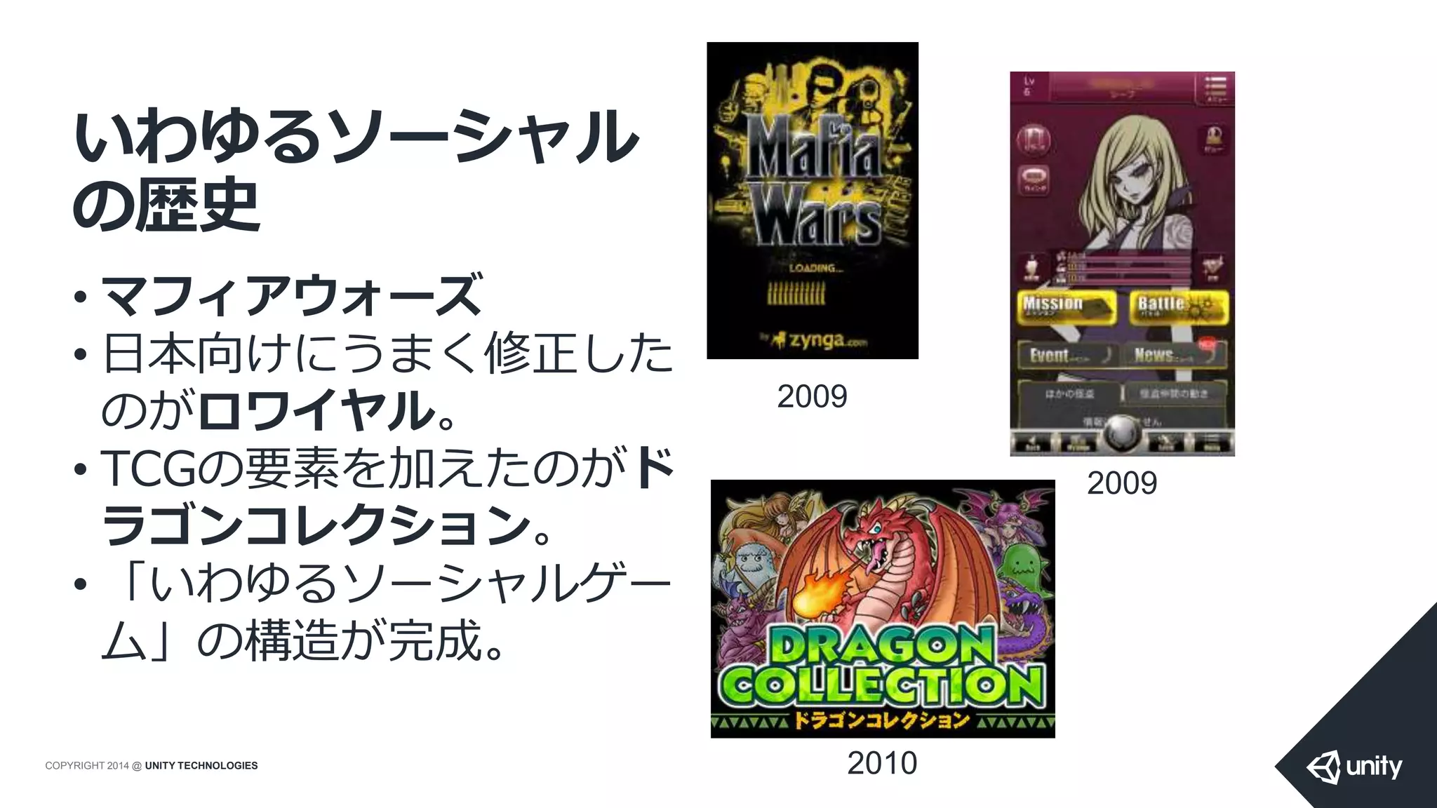 COPYRIGHT 2014 @ UNITY TECHNOLOGIES
いわゆるソーシャル
の歴史
• マフィアウォーズ
• 日本向けにうまく修正した
のがロワイヤル。
• TCGの要素を加えたのがド
ラゴンコレクション。
• 「いわゆるソーシャルゲー
ム」の構造が完成。
2009
2009
2010
 