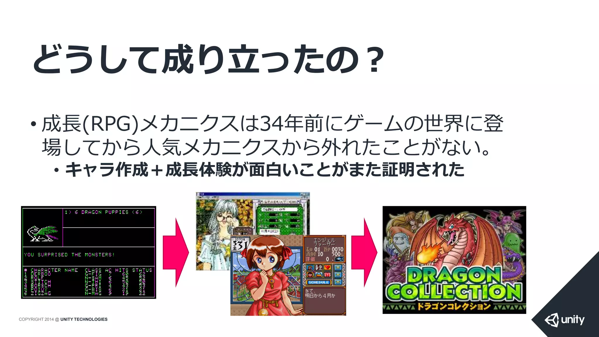 COPYRIGHT 2014 @ UNITY TECHNOLOGIES
どうして成り立ったの？
• 成長(RPG)メカニクスは34年前にゲームの世界に登
場してから人気メカニクスから外れたことがない。
• キャラ作成＋成長体験が面白いことがまた証明された
 