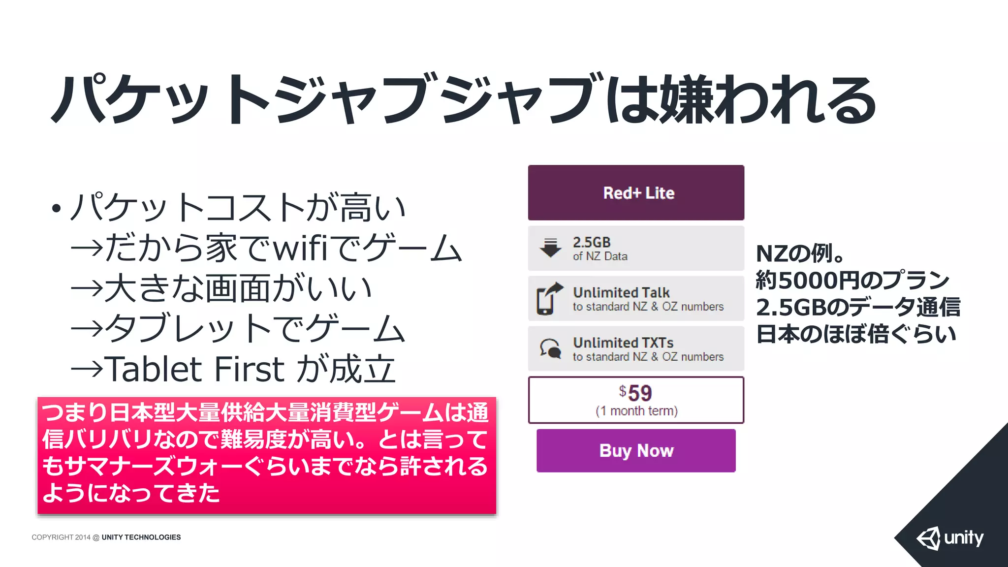 COPYRIGHT 2014 @ UNITY TECHNOLOGIES
パケットジャブジャブは嫌われる
• パケットコストが高い
→だから家でwifiでゲーム
→大きな画面がいい
→タブレットでゲーム
→Tablet First が成立
NZの例。
約5000円のプラン
2.5GBのデータ通信
日本のほぼ倍ぐらい
つまり日本型大量供給大量消費型ゲームは通
信バリバリなので難易度が高い。とは言って
もサマナーズウォーぐらいまでなら許される
ようになってきた
 