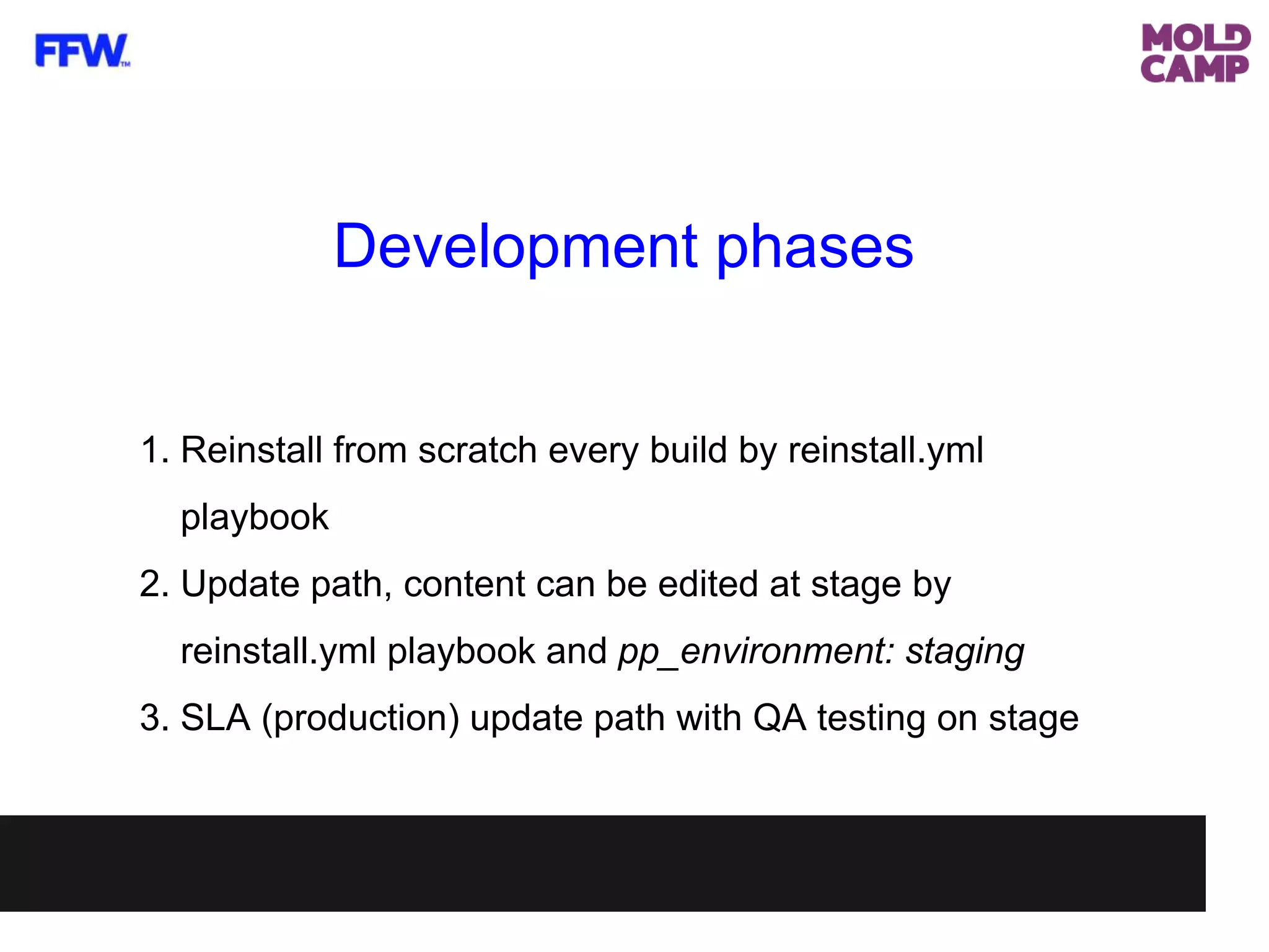 Development phases
1. Reinstall from scratch every build by reinstall.yml
playbook
2. Update path, content can be edited at stage by
reinstall.yml playbook and pp_environment: staging
3. SLA (production) update path with QA testing on stage
 