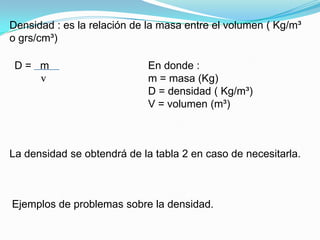 Densidad : es la relación de la masa entre el volumen ( Kg/m³
o grs/cm³)

 D= m                        En donde :
    v                        m = masa (Kg)
                             D = densidad ( Kg/m³)
                             V = volumen (m³)



La densidad se obtendrá de la tabla 2 en caso de necesitarla.



Ejemplos de problemas sobre la densidad.
 