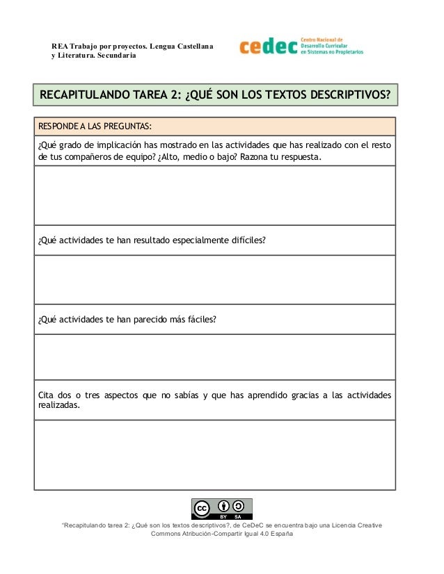 REA Trabajo por proyectos. Lengua Castellana
y Literatura. Secundaria
RECAPITULANDO TAREA 2: ¿QUÉ SON LOS TEXTOS DESCRIPTI...