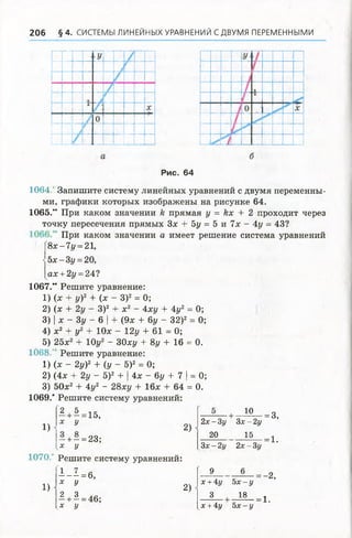 206 § 4 . СИСТЕМЫ ЛИНЕЙНЫХУРАВНЕНИЙ СДВУМЯ ПЕРЕМЕННЫМИ
Рис. 64
1064.' Запишите систему линейных уравнений с двумя переменны­
ми, графики которых изображены на рисунке 64.
1065.” При каком значении й прямая у = кх + 2 проходит через
точку пересечения прямых Зх + 5у = 5 и 1х - 4у = 43?
При каком значении а имеет решение система уравнений
8х-7г/ = 21,
- 5х - 3у =20,
ах +2у =24?
1067.” Решите уравнение:
1) (х + у)2 + (х - З)2 = 0;
2) (х + 2у - З)2 + х 2 - 4ху + 4у2 = 0;
3) | х - Зу - 6 | + (9х + 6у - 32)2 = 0;
4) х2 + у2 + 10х - 12у + 61 = 0;
5) 25х2 + 10у2 - 30ху + 8г/ + 16 = 0.
1068.’ Решите уравнение:
1) (х - 2у)2 + ( у - 5)2 = 0;
2) (4х + 2у - 5)2 + | 4х - 6у + 7 | = 0;
3) 50х2 + 4у2 - 28ху + 16х + 64 = 0.
1069.* Решите систему уравнений:
1)
2 + 5=15,
х у
- + - = 23;
х у
2)
10
2 х - 3 у
20
З х - 2 у
15
Зх - 2 у 2 х - Зу
= 3,
= 1.
1070.* Решите систему уравнений:
1)
- ^ = 6,
х у
2 , 3- + - = 46;
х у
2)
9
х +4у
3
5 х - у
18
х + 4 у 5х - у
-2,
= 1.
 