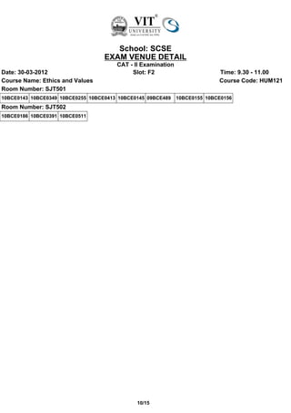 School: SCSE
                                   EXAM VENUE DETAIL
                                       CAT - II Examination
Date: 30-03-2012                            Slot: F2                        Time: 9.30 - 11.00
Course Name: Ethics and Values                                              Course Code: HUM121
Room Number: SJT501
10BCE0143 10BCE0349 10BCE0255 10BCE0413 10BCE0145 09BCE489    10BCE0155 10BCE0156
Room Number: SJT502
10BCE0186 10BCE0391 10BCE0511




                                              10/15
 