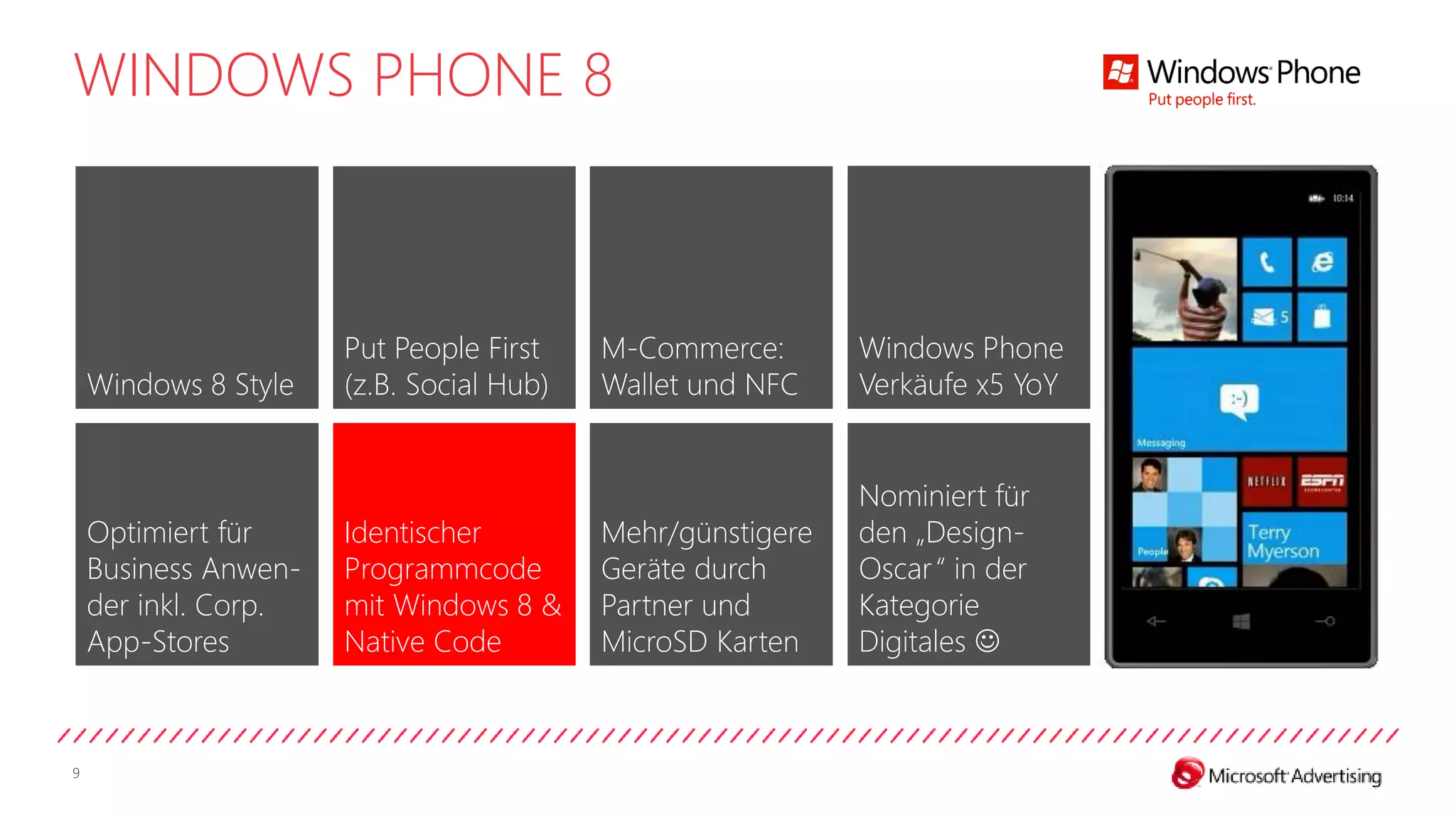 WINDOWS PHONE 8



                      Put People First    M-Commerce:       Windows Phone
    Windows 8 Style   (z.B. Social Hub)   Wallet und NFC    Verkäufe x5 YoY


                                                            Nominiert für
    Optimiert für     Identischer         Mehr/günstigere   den „Design-
    Business Anwen-   Programmcode        Geräte durch      Oscar “ in der
    der inkl. Corp.   mit Windows 8 &     Partner und       Kategorie
    App-Stores        Native Code         MicroSD Karten    Digitales 



9
 