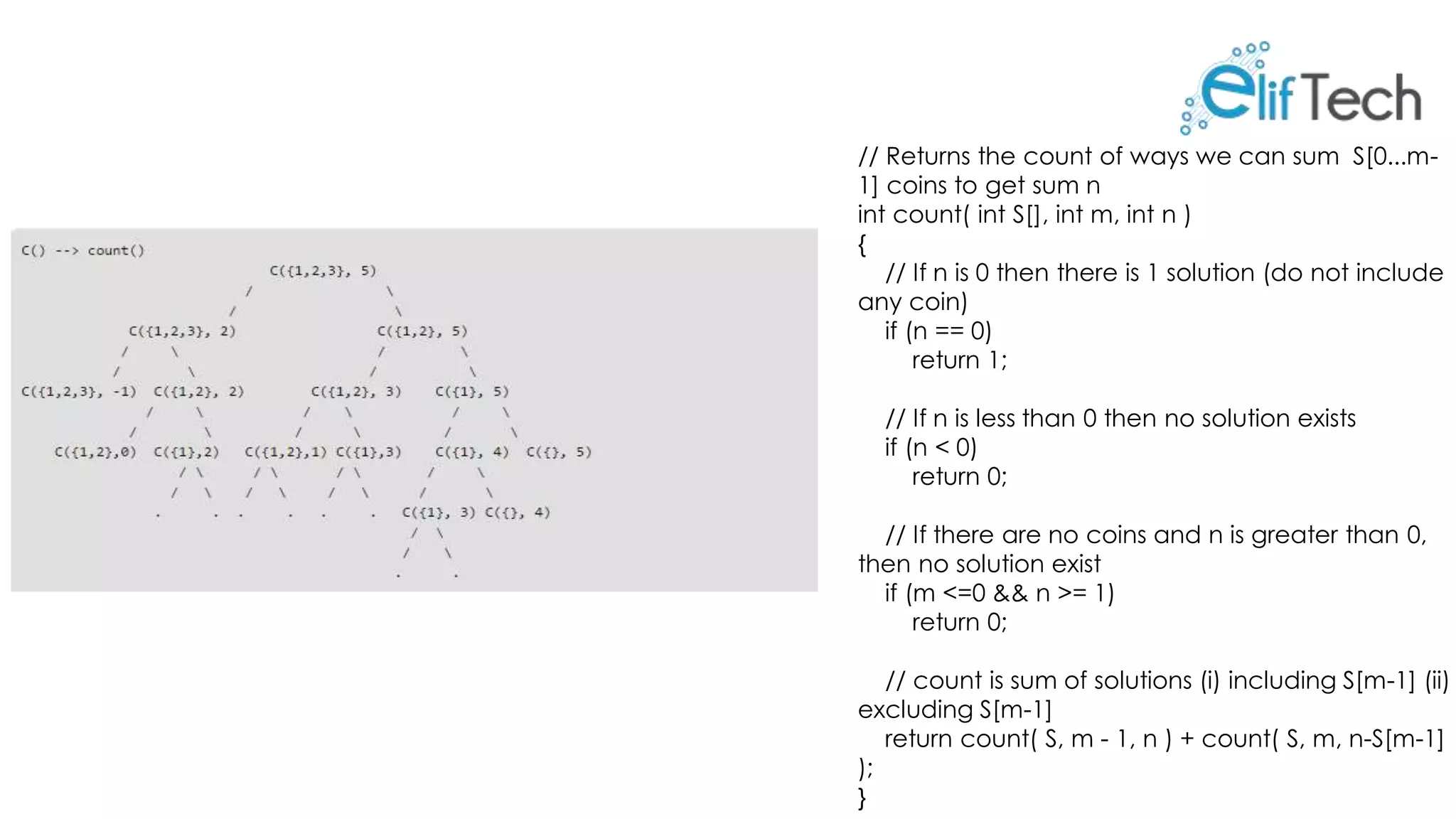 // Returns the count of ways we can sum S[0...m- 1] coins to get sum n int count( int S[], int m, int n ) { // If n is 0 then there is 1 solution (do not include any coin) if (n == 0) return 1; // If n is less than 0 then no solution exists if (n < 0) return 0; // If there are no coins and n is greater than 0, then no solution exist if (m <=0 && n >= 1) return 0; // count is sum of solutions (i) including S[m-1] (ii) excluding S[m-1] return count( S, m - 1, n ) + count( S, m, n-S[m-1] ); } 
