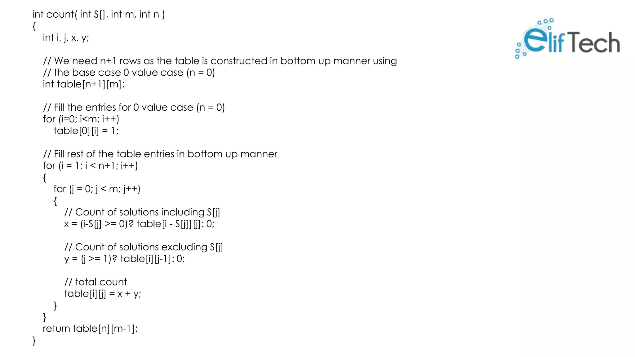 int count( int S[], int m, int n ) { int i, j, x, y; // We need n+1 rows as the table is constructed in bottom up manner using // the base case 0 value case (n = 0) int table[n+1][m]; // Fill the entries for 0 value case (n = 0) for (i=0; i<m; i++) table[0][i] = 1; // Fill rest of the table entries in bottom up manner for (i = 1; i < n+1; i++) { for (j = 0; j < m; j++) { // Count of solutions including S[j] x = (i-S[j] >= 0)? table[i - S[j]][j]: 0; // Count of solutions excluding S[j] y = (j >= 1)? table[i][j-1]: 0; // total count table[i][j] = x + y; } } return table[n][m-1]; } 