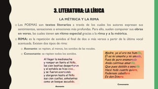 3. LITERATURA: LA LÍRICA
LA MÉTRICA Y LA RIMA
o Los POEMAS son textos literarios a través de los cuales los autores expresan sus
sentimientos, sensaciones o emociones más profundas. Para ello, suelen componer sus obras
en verso, las cuales tienen un ritmo especial gracias a la rima y a la métrica.
o RIMA: es la repetición de sonidos al final de dos o más versos a partir de la última vocal
acentuada. Existen dos tipos de rima:
o Asonante: se repiten, al menos, los sonidos de las vocales.
o Consonante: se repiten todos los sonidos.
Asonante
Consonante
 