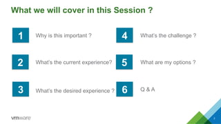 What we will cover in this Session ?
2
1 Why is this important ?
2 What’s the current experience?
3 What’s the desired experience ?
What are my options ?
What’s the challenge ?
Q & A
4
5
6
 