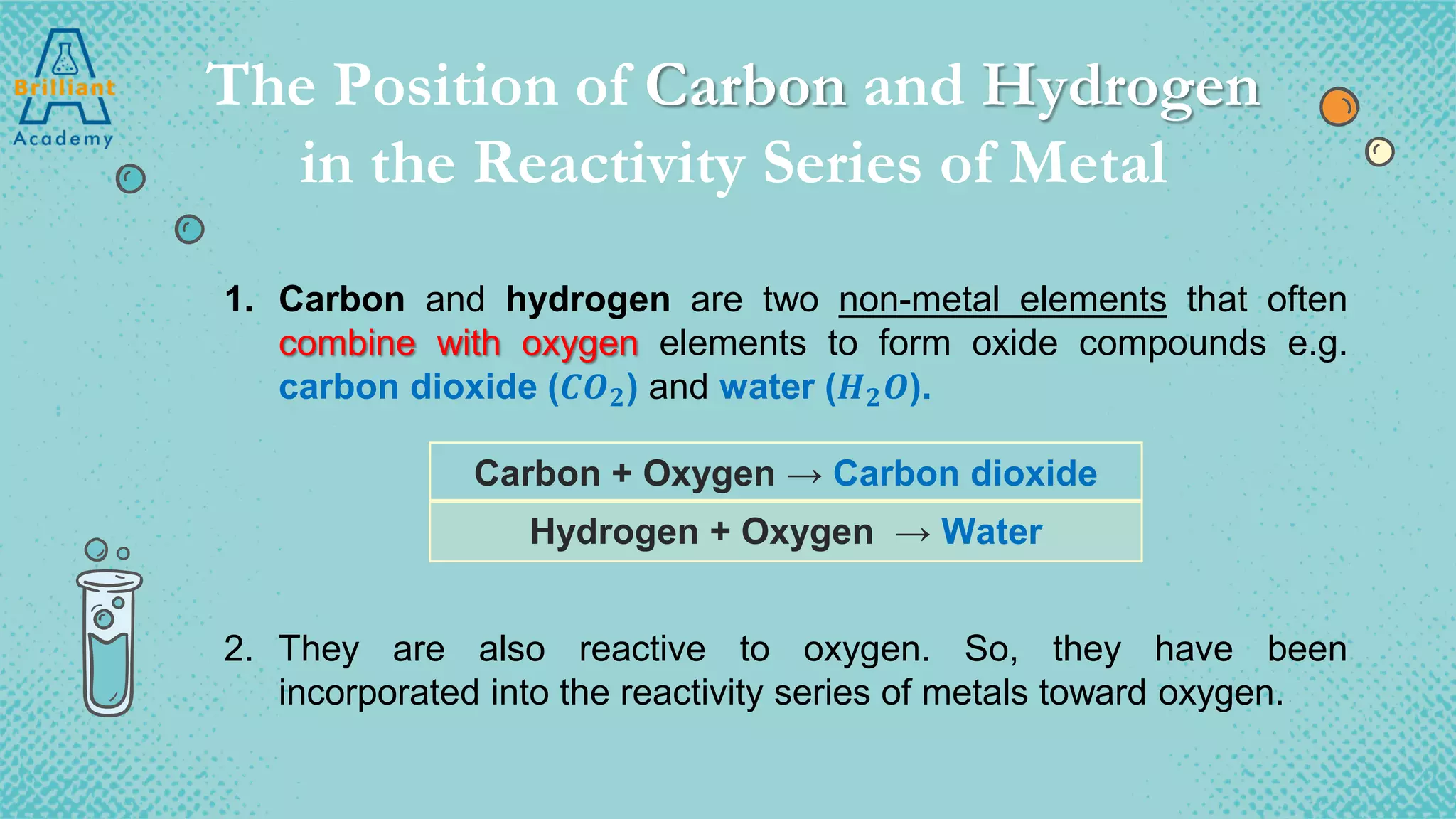 The Position of Carbon and Hydrogen
in the Reactivity Series of Metal
1. Carbon and hydrogen are two non-metal elements that often
combine with oxygen elements to form oxide compounds e.g.
carbon dioxide (𝑪𝑶 𝟐) and water (𝑯 𝟐 𝑶).
2. They are also reactive to oxygen. So, they have been
incorporated into the reactivity series of metals toward oxygen.
Carbon + Oxygen → Carbon dioxide
Hydrogen + Oxygen → Water
 