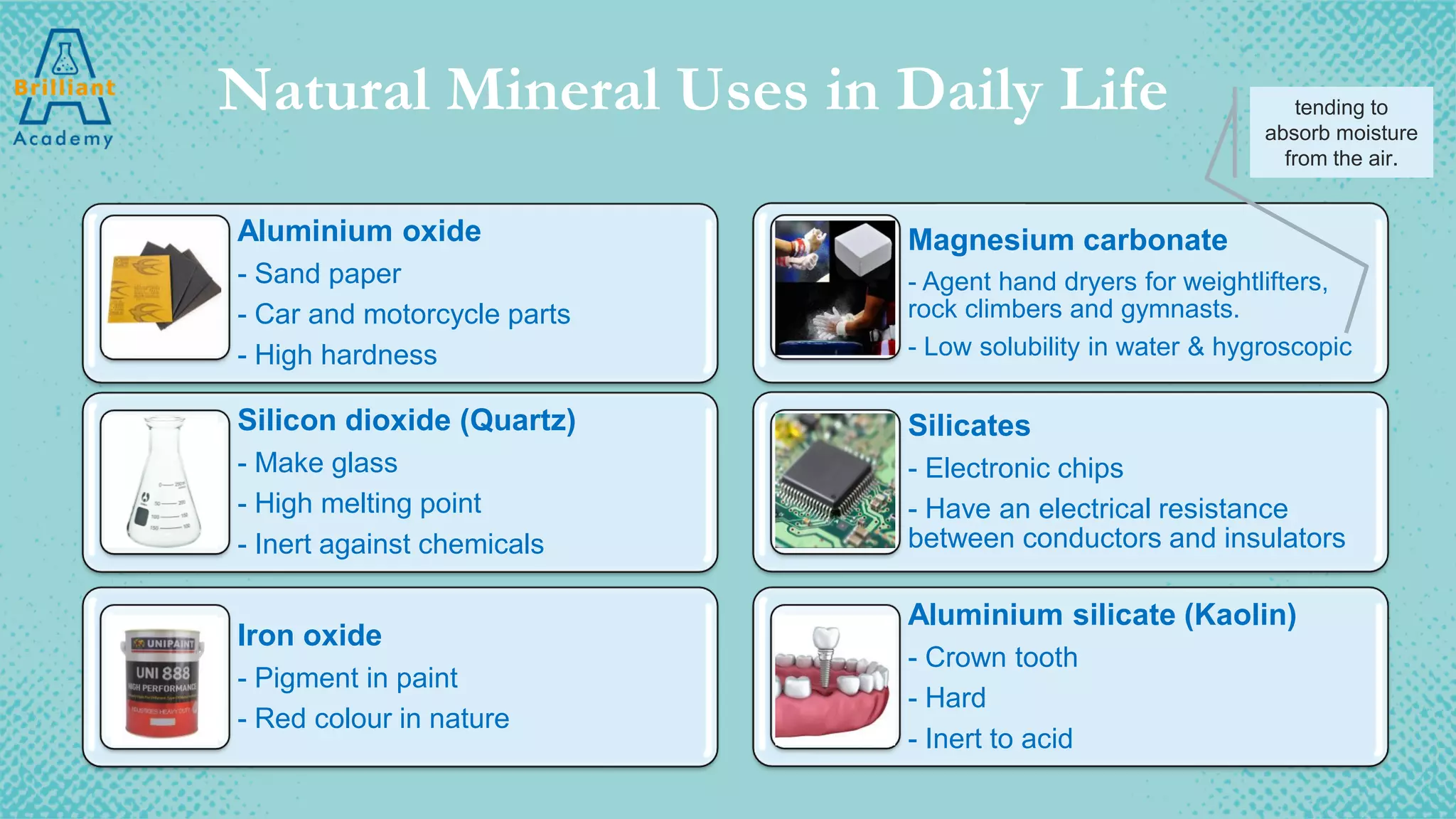 Natural Mineral Uses in Daily Life
Aluminium oxide
- Sand paper
- Car and motorcycle parts
- High hardness
Silicon dioxide (Quartz)
- Make glass
- High melting point
- Inert against chemicals
Iron oxide
- Pigment in paint
- Red colour in nature
Magnesium carbonate
- Agent hand dryers for weightlifters,
rock climbers and gymnasts.
- Low solubility in water & hygroscopic
Silicates
- Electronic chips
- Have an electrical resistance
between conductors and insulators
Aluminium silicate (Kaolin)
- Crown tooth
- Hard
- Inert to acid
tending to
absorb moisture
from the air.
 