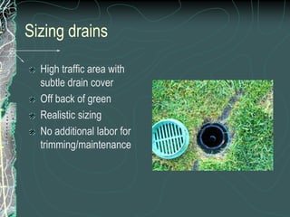 Sizing drainsHigh traffic area with subtle drain coverOff back of greenRealistic sizingNo additional labor for trimming/maintenance