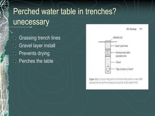 Perched water table in trenches? unecessaryGrassing trench linesGravel layer installPrevents dryingPerches the table