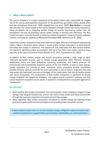 Page 1
Building Blue Carbon Projects
An Introductory Guide
1 What is Blue Carbon?
The marine biosphere is a major component of the global carbon cycle, responsible for roughly
half of the annual photosynthetic absorption of the greenhouse gas (GHG) carbon dioxide (CO2)
from the atmosphere (Field et al., 1998, adapted from Lutz et al., 2007). Blue Carbon is a concept
that describes the carbon linked to the marine biosphere through coastal and marine ecosystems.
These ecosystems aid in mitigating climate change by actively sequestering carbon from the
atmosphere and also by providing natural carbon storage in biomass and sediments. The Blue
Carbon concept is currently focused on three key coastal ecosystems: mangrove forests, saltwater
marshes, and seagrass meadows (Laffoley and Grimsditch 2009, Nellemann et al., 2009).
Coastal Blue Carbon ecosystems have been found to be highly efficient at storing and sequestering
carbon. Figure 1 illustrates where carbon is stored in Blue Carbon ecosystems: in plant biomass
and below the surface in sediments. The carbon-rich soils associated with Blue Carbon habitats
can represent significant carbon accumulation, with up to five times more carbon stored in these
soils than in the soils of terrestrial forests (Donato et al., 2011, Fourqurean et al., 2012).
In addition to Blue Carbon, coastal and marine ecosystems provide a wide range of other
important ecosystem services, such as climate change adaptation, water filtration, shoreline
stabilisation, storm and flood protection, sustaining biodiversity, and habitat provision for
commercially and recreationally important species of fish and shellfish, as well as iconic species.
Equally important, but complex to value monetarily, intact ecosystems provide recreational
benefits and have spiritual values for the local community as well as visitors. In general, they also
help sustain the livelihoods and cultural heritages of the communities that rely on healthy coastal
and marine ecosystems. The conservation of Blue Carbon ecosystems is significant to climate
change mitigation and adaptation strategies, will support overall ecosystem resiliency and help
sustain important ecosystem service values. It represents a comprehensive ecosystem approach to
management.
Key takeaways:
When healthy, Blue Carbon ecosystems store and sequester carbon helping to mitigate climate
change, help safeguard biodiversity, and are also vital to many coastal and island communities
through the numerous important ecosystem services they provide.
When degraded, Blue Carbon ecosystems contribute to climate change by releasing stored
greenhouse gases (GHG) into the atmosphere and providing fewer ecosystem services.
A Blue Carbon project aims to use the climate change mitigation value of marine and
coastal ecosystems to support their conservation, sustainable use, and restoration
 