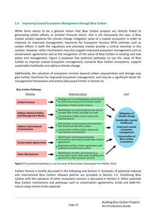 Page 12
Building Blue Carbon Projects
An Introductory Guide
1.4 Improving Coastal Ecosystem Management through Blue Carbon
While there seems to be a general notion that Blue Carbon projects are directly linked to
generating carbon offsets, or another financial return, that is not necessarily the case. A Blue
Carbon project explores the climate change mitigation value of a coastal ecosystem in order to
motivate its improved management. Payments for Ecosystem Services (PES) schemes such as
carbon offsets in both the regulatory and voluntary market provide a central incentive in this
context. However, other mechanisms may also support improved ecosystem management such as
conservation agreements and or the recognition of the value of Blue Carbon in existing and new
policy and management. Figure 2 proposes five potential pathways to use the value of Blue
Carbon to improve coastal ecosystem management, conserve Blue Carbon ecosystems, support
sustainable livelihoods and address climate change.
Additionally, the valuation of ecosystem services beyond carbon sequestration and storage may
give further incentives for improved ecosystem management, and may be a significant factor for
management frameworks and actions (discussed further in Section 4).
Figure 2 Five potential pathways to use the value of Blue Carbon (developed from NOAA, 2011).
Carbon finance is briefly discussed in the following and Section 2. Examples of potential national
and international Blue Carbon relevant policies are provided in Section 1.3. Combining Blue
Carbon with the valuation of other ecosystem services is discussed in Section 4. Other potential
Blue Carbon mechanisms and pathways such as conservation agreements, funds and debt-for-
nature swap remain to be explored.
 