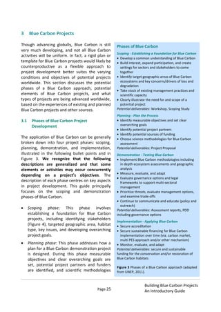 Page 25
Building Blue Carbon Projects
An Introductory Guide
3 Blue Carbon Projects
Though advancing globally, Blue Carbon is still
very much developing, and not all Blue Carbon
activities will be uniform. In fact, a rigid plan or
template for Blue Carbon projects would likely be
counterproductive as a flexible approach to
project development better suites the varying
conditions and objectives of potential projects
worldwide. This section discusses the potential
phases of a Blue Carbon approach, potential
elements of Blue Carbon projects, and what
types of projects are being advanced worldwide,
based on the experiences of existing and planned
Blue Carbon projects and other sources.
3.1 Phases of Blue Carbon Project
Development
The application of Blue Carbon can be generally
broken down into four project phases: scoping,
planning, demonstration, and implementation,
illustrated in the following bullet points and in
Figure 3. We recognize that the following
descriptions are generalized and that some
elements or activities may occur concurrently
depending on a project’s objectives. The
description of each phase centres on key aspects
in project development. This guide principally
focuses on the scoping and demonstration
phases of Blue Carbon.
Scoping phase: This phase involves
establishing a foundation for Blue Carbon
projects, including identifying stakeholders
(Figure 4), targeted geographic area, habitat
type, key issues, and developing overarching
project goals.
Planning phase: This phase addresses how a
plan for a Blue Carbon demonstration project
is designed. During this phase measurable
objectives and clear overarching goals are
set, potential project partners and funders
are identified, and scientific methodologies
Phases of Blue Carbon
Scoping - Establishing a Foundation for Blue Carbon
Develop a common understanding of Blue Carbon
Build interest, expand participation, and create
settings for sectors and stakeholders to come
together
Identify target geographic areas of Blue Carbon
ecosystems and key concerns/drivers of loss and
degradation
Take stock of existing management practices and
scientific capacity
Clearly illustrate the need for and scope of a
potential project
Potential deliverables: Workshop, Scoping Study
Planning - Plan the Process
Identify measurable objectives and set clear
overarching goals
Identify potential project partners
Identify potential sources of funding
Choose science methodologies for Blue Carbon
assessment
Potential deliverables: Project Proposal
Demonstration - Testing Blue Carbon
Implement Blue Carbon methodologies including
in depth ecosystem assessments and geographic
analysis
Measure, evaluate, and adapt
Evaluate governance options and legal
frameworks to support multi-sectoral
management
Prioritize threats, evaluate management options,
and examine trade-offs
Continue to communicate and educate (policy and
outreach)
Potential deliverables: Assessment reports, PDD
including governance options
Implementation - Applying Blue Carbon
Secure accreditation
Secure sustainable financing for Blue Carbon
implementation over time (via. carbon market,
multi PES approach and/or other mechanism)
Monitor, evaluate, and adapt
Potential deliverables: secure and sustainable
funding for the conservation and/or restoration of
Blue Carbon habitats
Figure 3 Phases of a Blue Carbon approach (adapted
from UNEP, 2011).
 