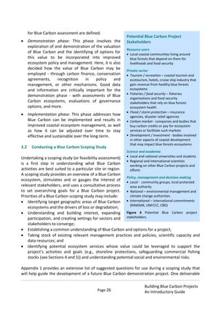 Page 26
Building Blue Carbon Projects
An Introductory Guide
for Blue Carbon assessment are defined.
Demonstration phase: This phase involves the
exploration of and demonstration of the valuation
of Blue Carbon and the identifying of options for
this value to be incorporated into improved
ecosystem policy and management. Here, it is also
decided how the value of Blue Carbon may be
employed - through carbon finance, conservation
agreements, recognition in policy and
management, or other mechanisms. Good data
and information are critically important for the
demonstration phase - with assessments of Blue
Carbon ecosystems, evaluations of governance
options, and more.
Implementation phase: This phase addresses how
Blue Carbon can be implemented and results in
improved coastal ecosystem management, as well
as how it can be adjusted over time to stay
effective and sustainable over the long-term.
3.2 Conducting a Blue Carbon Scoping Study
Undertaking a scoping study (or feasibility assessment)
is a first step in understanding what Blue Carbon
activities are best suited to a particular site or region.
A scoping study provides an overview of a Blue Carbon
ecosystem, stimulates and or gauges the interest of
relevant stakeholders, and uses a consultative process
to set overarching goals for a Blue Carbon project.
Priorities of a Blue Carbon scoping study may include:
Identifying target geographic areas of Blue Carbon
ecosystems and the drivers of loss or degradation;
Understanding and building interest, expanding
participation, and creating settings for sectors and
stakeholders to converge;
Establishing a common understanding of Blue Carbon and options for a project;
Taking stock of existing relevant management practices and policies, scientific capacity and
data resources; and
Identifying potential ecosystem services whose value could be leveraged to support the
project’s activities and goals (e.g., shoreline protections, safeguarding commercial fishing
stocks (see Sections 4 and 5)) and understanding potential social and environmental risks.
Appendix 1 provides an extensive list of suggested questions for use during a scoping study that
will help guide the development of a future Blue Carbon demonstration project. One deliverable
Potential Blue Carbon Project
Stakeholders
Resource users
Local coastal communities living around
blue forests that depend on them for
livelihoods and food security
Private sector
Tourism / recreation – coastal tourism and
ecotourism, hotels, cruise ship industry that
gain revenue from healthy blue forests
ecosystems
Fisheries / food security – fisheries
organizations and food security
stakeholders that rely on blue forests
ecosystem health
Flood / storm protection – insurance
agencies, disaster relief agencies
Carbon market - companies and bodies that
buy carbon credits or pay for ecosystem
services or facilitate such markets
Development / investment - bodies involved
in other aspects of coastal development
that may impact blue forests ecosystems
Science and academia
Local and national universities and students
Regional and international scientists
working on other Blue Carbon projects and
efforts
Policy, management and decision-making
Local - community groups, local protected
area authority
National – environmental management and
climate change authorities
International – international commitments
(RAMSAR, UNFCCC, CBD)
Figure 4 Potential Blue Carbon project
stakeholders.
 