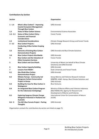 Page iii
Building Blue Carbon Projects
An Introductory Guide
Contributions by Section
Section Organisation
1 - 1.4 What is Blue Carbon? - Improving
Coastal Ecosystem Management
Through Blue Carbon
GRID-Arendal
1.5 Status of Blue Carbon Science Environmental Science Associates
1.6 - 2.1 Status of Blue Carbon Policy -
Economic and Financial
Considerations
Forest Trends
2.2 Institutional Considerations Climate Change Research Group and Forest Trends
3 - 3.2 Blue Carbon Projects -
Conducting A Blue Carbon Scoping
Study
GRID-Arendal
3.3 Elements of Existing Blue Carbon
Demonstration Projects
GRID-Arendal and Blue Climate Solutions
3.4 Blue Carbon Projects Worldwide GRID-Arendal
4 Blue Carbon and the Valuation of
Other Ecosystem Services
Forest Trends
5 Blue Carbon and Coral Reefs University of Miami (on behalf of Blue Climate
Solutions) and GRID-Arendal
6 Blue Carbon Capacity Building GRID-Arendal
7 Lessons from REDD+ Duke University and Forest Trends
8.1 Abu Dhabi Blue Carbon
Demonstration Project
GRID-Arendal
8.2 Mikoko Pamoja - Community-led
Mangrove Carbon Conservation
Project in Kenya
Kenya Marine and Fisheries Research Institute
(KMFRI), WWF- Kenya, Blue Climate Solutions and
GRID-Arendal
8.3 Building the Case for Blue Carbon in
Madagascar
Blue Ventures
8.4 An Integrated Blue Carbon Program
for the Indonesian Archipelago
Ministry of Marine Affairs and Fisheries-Indonesia
(BALITBANG KP), Agency for Research and
Development of Marine and Fisheries
8.5 Exploring Seagrass Climate Change
Mitigation Potential in Thailand and
Australia
International Union for Conservation of Nature
(IUCN)
8.6 - 9 The GEF Blue Forests Project - Parting
Thoughts
GRID-Arendal
Organization contacts for contributions by section are listed on page 73.
 