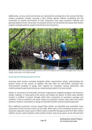 Page 39
Building Blue Carbon Projects
An Introductory Guide
Additionally, as many costal communities are connected to and depend on the services that Blue
Carbon ecosystems provide, pursuing a Blue Carbon agenda without considering the full
connection of coastal communities to their ecosystems may cause economic hardship and
generate political ill-will. Conversely, if ecosystem services are considered and valued, Blue Carbon
projects could gain political support and enhance local economies.
Mangroves provide many recreational opportunities such as this mangrove boat tour on Lembongan Island, Indonesia
(Image credit Steven J Lutz, GRID-Arendal).
Assessing and Valuing Ecosystem Services
Assessing other services provided alongside carbon sequestration entails understanding the
general nature of the mosaic of habitats and how they are inter-linked, assessing their
environmental condition to gauge their capacity for ecosystem services generation, and
understanding the way these services are valued and perceived in the local context.
Ideally an assessment of co-benefits should be supported by targeted ecological and economic
studies. However, in many parts of the world, such studies are absent. In these cases, benefits
transfer is justified. A process through which basic assessment of ecosystem coverage and
condition is tied to economic and social studies on ecosystem services value taken from other
locations. However, assumptions in doing such benefits-transfer must be carefully appraised.
Once additional ecosystem services beyond Blue Carbon are identified and quantified, some
assessment of their economic value can be made. When data or time limitations prevent such a
systematic approach, proxy values of Blue Carbon co-benefits being generated from Blue Carbon
habitats may be used to develop a Blue Carbon scheme. Such proxy values can be derived from
 