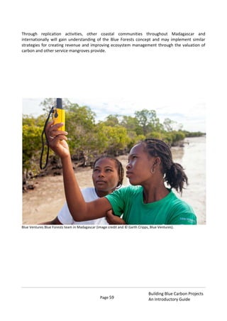Page 59
Building Blue Carbon Projects
An Introductory Guide
Through replication activities, other coastal communities throughout Madagascar and
internationally will gain understanding of the Blue Forests concept and may implement similar
strategies for creating revenue and improving ecosystem management through the valuation of
carbon and other service mangroves provide.
Blue Ventures Blue Forests team in Madagascar (image credit and © Garth Cripps, Blue Ventures).
 
