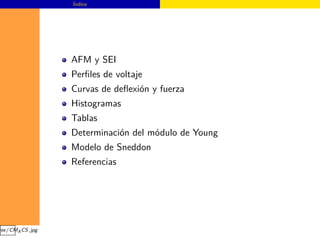 Índice




                 AFM y SEI
                 Perﬁles de voltaje
                 Curvas de deﬂexión y fuerza
                 Histogramas
                 Tablas
                 Determinación del módulo de Young
                 Modelo de Sneddon
                 Referencias




ges/CMA CS.jpg
 