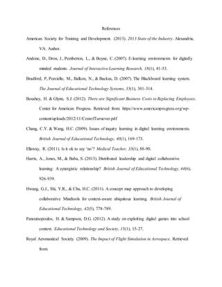 References
American Society for Training and Development. (2013). 2013 State of the Industry. Alexandria,
VA: Author.
Andone, D., Dron, J., Pemberton, L., & Boyne, C. (2007). E-learning environments for digitally
minded students. Journal of Interactive Learning Research, 18(1), 41-53.
Bradford, P, Porciello, M., Balkon, N., & Backus, D. (2007). The Blackboard learning system.
The Journal of Educational Technology Systems, 35(1), 301-314.
Boushey, H. & Glynn, S.J. (2012). There are Significant Business Costs to Replacing Employees.
Center for American Progress. Retrieved from: https://www.americanprogress.org/wp-
content/uploads/2012/11/CostofTurnover.pdf
Chang, C.Y. & Wang, H.C. (2009). Issues of inquiry learning in digital learning environments.
British Journal of Educational Technology, 40(1), 169-173.
Ellaway, R. (2011). Is it ok to say ‘no’? Medical Teacher, 33(1), 88-90.
Harris, A., Jones, M., & Baba, S. (2013). Distributed leadership and digital collaborative
learning: A synergistic relationship? British Journal of Educational Technology, 44(6),
926-939.
Hwang, G.J., Shi, Y.R., & Chu, H.C. (2011). A concept map approach to developing
collaborative Mindtools for context-aware ubiquitous learning. British Journal of
Educational Technology, 42(5), 778-789.
Panoutsopoulos, H. & Sampson, D.G. (2012). A study on exploiting digital games into school
context. Educational Technology and Society, 15(1), 15-27.
Royal Aeronautical Society. (2009). The Impact of Flight Simulation in Aerospace. Retrieved
from:
 