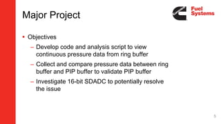 Major Project
 Objectives
– Develop code and analysis script to view
continuous pressure data from ring buffer
– Collect and compare pressure data between ring
buffer and PIP buffer to validate PIP buffer
– Investigate 16-bit SDADC to potentially resolve
the issue
5
 