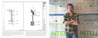 due to the extreme variation of kansas weather and high humidity,
a complex wall section was developed with multiple layers. from the
interior, a smart vapor retarder is installed that contracts in the winter
to protect from condensation and expands during the summer to
alleviate moisture in the walls.
the vapor retarder provides support for the dry-blown cellulose in the
2x6” stud wall, sheathed with OSB. the sheathing is coated in a liquid
applied air and water barrier to prevent moisture in the stud wall. foil-
faced polyiso insulation is attached to the coated sheathing, with a
protective vaproshield that acts a drainage plane for the rainscreen.
responsibilities:
understand moisture protection in all elements of construction
design a wall section that withstands the kansas climate
design a wall section with high insulative properties
research various products
acquire appropriate products
lead the studio in the installation of each product and layer
thermal and moisture protection
 