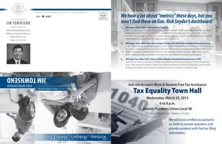 MIC
H
I G A N H O U
S
E
OF
RE
P
R E S E N T A T I
V
ES
1.	 Michigan ranks 29th in PersonalTax Equality
Why is it that an impoverished family living in Flint making $10,000 a year and a working-class family
in Howell making $50,000 contribute 9.2 percent of their hard-earned money each year, while
billionaires contribute less than 5 percent toward an education system, workforce and infrastructure
that helped them accumulate unimaginable personal wealth? .
2.	 Michigan ranks 48th in the percentage of local and state taxes contributed by businesses
In 2011, Republicans passed the largest tax shift – from corporations onto individuals – in state history.
As a result, working families and retirees have seen their taxes increase by over $4 billion since 2012.
Today, businesses contribute only 36 percent of state and local tax revenue – 48th in the country –
while working families contribute more than their fair share of the remaining 64 percent.
3.	 Michigan has fallen from 16th to 35th in Median Household Income since 1999
Adjusted for inflation, Michigan’s median household income has declined by $15,633 (24 percent)
since 1999, and recent“reforms”have only made the problem worse by shifting taxes onto working
families and retirees, and cutting the essential services we need to compete for jobs.
Join me to Learn More & Receive Free Tax Assistance
Tax EqualityTown Hall
Wednesday, March 25, 2015
6 to 8 p.m.
Detroit Plumbers Union Local 98
555 Horace Brown Drive, Madison Heights
Wehearalotabout“metrics”thesedays,butyou
won’tfindtheseonGov.RickSnyder’sdashboard:
We will have certified accountants
on hand to answer questions and
provide residents with free tax filing
information.
STATE REPRESENTATIVE
JIM TOWNSEND
HOUSE DISTRICT 26
Email: jimtownsend@house.mi.gov
Website: townsend.housedems.com
Toll-free: (866) 585-2471
Phone: (517) 373-3818
STATE REPRESENTATIVE JIM TOWNSEND | P.O. BOX 30014, LANSING, MI 48909-7514
MICHIGANHOUSEOFREPRESENTATIVES
STATEREPRESENTATIVE
JIMTOWNSEND
RestoringMichigan’sMiddleClass
 
