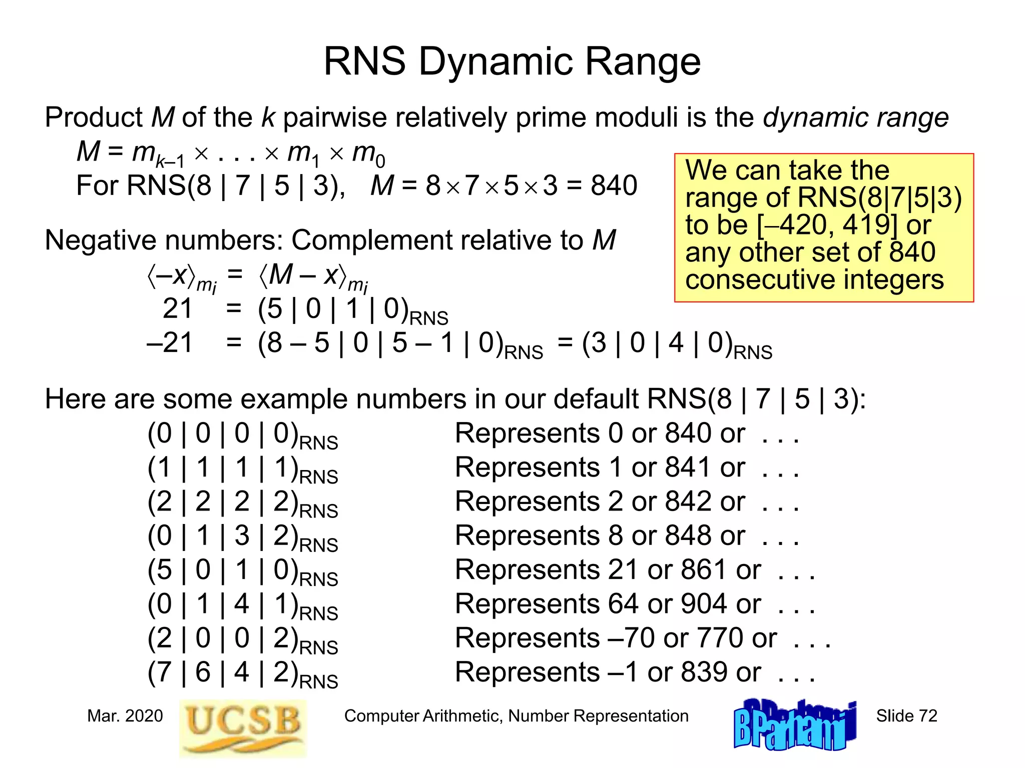 Mar. 2020 Computer Arithmetic, Number Representation Slide 72
RNS Dynamic Range
Product M of the k pairwise relatively prime moduli is the dynamic range
M = mk–1  . . .  m1  m0
For RNS(8 | 7 | 5 | 3), M = 8753 = 840
Negative numbers: Complement relative to M
–xmi
= M – xmi
21 = (5 | 0 | 1 | 0)RNS
–21 = (8 – 5 | 0 | 5 – 1 | 0)RNS = (3 | 0 | 4 | 0)RNS
Here are some example numbers in our default RNS(8 | 7 | 5 | 3):
(0 | 0 | 0 | 0)RNS Represents 0 or 840 or . . .
(1 | 1 | 1 | 1)RNS Represents 1 or 841 or . . .
(2 | 2 | 2 | 2)RNS Represents 2 or 842 or . . .
(0 | 1 | 3 | 2)RNS Represents 8 or 848 or . . .
(5 | 0 | 1 | 0)RNS Represents 21 or 861 or . . .
(0 | 1 | 4 | 1)RNS Represents 64 or 904 or . . .
(2 | 0 | 0 | 2)RNS Represents –70 or 770 or . . .
(7 | 6 | 4 | 2)RNS Represents –1 or 839 or . . .
We can take the
range of RNS(8|7|5|3)
to be [-420, 419] or
any other set of 840
consecutive integers
 