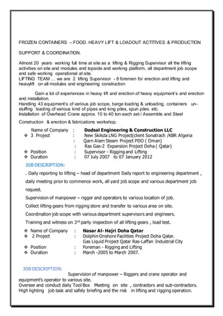 FROZEN CONTAINERS – FOOD. HEAVY LIFT & LOADOUT ACTITIVES & PRODUCTION
SUPPORT & COORDINATION.
Almost 20 years working full time at site as a lifting & Rigging Supervisor all the lifting
activities on site and modules and topside and working platform, all department job scope
and safe working operational at site.
LIFTING TEAM … we are 2 lifting Supervisor - 8 foremen for erection and lifting and
heavylift on all modules and engineering construction
Gain a lot of experiences in heavy lift and erection of heavy equipment’s and erection
and installation.
Handling 43 equipment’s of various job scope, barge loading & unloading, containers un-
stuffing loading of various kind of pipes and king piles, spun piles etc.
Installation of Overhead Crane approx. 10 to 40 ton each set / Assemble and Steel
Construction & erection & fabrications workshop.
Name of Company : Dodsal Engineering & Construction LLC
 3 Project : New Skikda LNG Project(client Sonatrach /KBR Algeria
: Qarn Alam Steam Project PDO ( Oman)
: Ras Gas-2 Expansion Project Doha ( Qatar)
 Position : Supervisor - Rigging and Lifting
 Duration : 07 July 2007 to 07 January 2012
JOB DESCRIPTION:
. Daily reporting to lifting – head of department Daily report to engineering department ,
daily meeting prior to commence work, all yard job scope and various department job
request.
Supervision of manpower – rigger and operators to various location of job.
Collect lifting gears from rigging store and transfer to various area on site.
Coordination job scope with various department supervisors and engineers.
Training and witness on 3rd party inspection of all lifting gears , load test.
 Name of Company : Nasar Al- Hajri Doha Qatar
 2 Project : Dolphin Onshore Facilities Project Doha Qatar.
Gas Liquid Project Qatar Ras-Laffan Industrial City
 Position : Foreman - Rigging and Lifting
 Duration : March -2005 to March 2007.
JOB DESCRIPTION:
Supervision of manpower – Riggers and crane operator and
equipment’s operator to various site.
Oversee and conduct daily Tool Box Meeting on site , contractors and sub-contractors.
High lighting job task and safely briefing and the risk in lifting and rigging operation.
 
