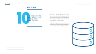 P R E V I S Õ E S T I C B R A S I L 2 017 - 2 018
13
10
3 5 %
D O O R Ç A M E N T O
P A R A P R O J E T O S
D E B I G D A T A
V I R Á D O L O B *
B I G D A T A
Em 2017, a demanda de SaaS vai crescer
com um maior envolvimento dos executivos de
negócio (CxO). A maioria dos projetos de Big
Data e Analytics e também de Internet das Coisas
terão origem nas áreas de negócio.
Osdesafiosdesegurançaeamaiorcomplexidade
na integração com o legado farão com que haja
uma maior colaboração entre LOB6
e o CIOs.
6
Line of Business (LOB), em português, ramos dos negócios.
 