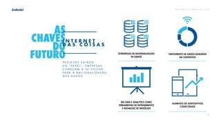 P R E V I S Õ E S T I C B R A S I L 2 017 - 2 018
20
ESTRATÉGIAS DE RACIONALIZAÇÃO
DE DADOS
CRESCIMENTO DE DADOS BASEADOS
EM CONTEXTOS
BIG DATA E ANALYTICS COMO
FERRAMENTAS DE ENTENDIMENTO
E INOVAÇÃO DE NEGÓCIOS
AUMENTO DE DISPOSITIVOS
CONECTADOS
AS
CHAVES
D0
FUTUR0P R O J E T O S S A I N D O
D O “ P A P E L ” , E M P R E S A S
C O M E Ç A M A S E V O L T A R
P A R A A R A C I O N A L I Z A Ç Ã O
D O S D A D O S
I N T E R N E T
D A S C O I S A S
 