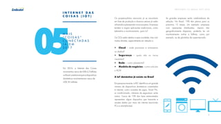 P R E V I S Õ E S T I C B R A S I L 2 017 - 2 018
8
05
M A I S
“ C O I S A S ”
C O N E C T A D A S
J Á E M
2 0 1 7
Os projetos-pilotos nacionais já se encontram
em fase de produção e diversos setores já estão
utilizando e planejando novos projetos. Empresas
tendem a migrar aplicações tradicionais, como
telemetria e monitoramento, para IoT.
Os CIOs estão atentos a essa novidade, mas com
muitas dúvidas, especialmente em relação a:
•	 Cloud – onde processar e armazenar
os dados?  
•	 Segurança – quais são os riscos
inerentes?  
•	 Rede – como planejá-la?  
•	 Modelo de negócios – como calcular
o ROI?
A IoT doméstica já existe no Brasil  
Em pesquisa recente, a IDC identificou um grande
número de dispositivos domésticos conectados
à internet, como consoles de jogos, Smart TVs,
ar condicionado, câmeras de segurança, entre
outros. Cerca de 10% dos lares entrevistados
apresentam algum dispositivo que transmite e
recebe dados por meio da internet (excluindo
PCs e smartphones).
As grandes empresas serão catalizadoras da
adoção. No Brasil, 19% têm planos para os
próximos 12 meses. Um exemplo: empresas
com operações distribuídas, mesmo não
geograficamente dispersas, poderão ter um
monitoramento online e fulltime, como por
exemplo, as de gôndolas de supermercado.
I N T E R N E T D A S
C O I S A S ( I O T )
Em 2016, a Internet das Coisas
movimentou cerca de US$ 6,2 bilhões
noBrasil,eestima-sequeosdispositivos
domésticos movimentaram cerca de
US$ 50 milhões.
 