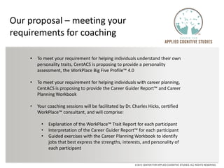 Our proposal – meeting your
requirements for coaching
• To meet your requirement for helping individuals understand their own
personality traits, CentACS is proposing to provide a personality
assessment, the WorkPlace Big Five Profile™ 4.0
• To meet your requirement for helping individuals with career planning,
CentACS is proposing to provide the Career Guider Report™ and Career
Planning Workbook
• Your coaching sessions will be facilitated by Dr. Charles Hicks, certified
WorkPlace™ consultant, and will comprise:
• Explanation of the WorkPlace™ Trait Report for each participant
• Interpretation of the Career Guider Report™ for each participant
• Guided exercises with the Career Planning Workbook to identify
jobs that best express the strengths, interests, and personality of
each participant
© 2013 CENTER FOR APPLIED COGNITIVE STUDIES. ALL RIGHTS RESERVED.
 