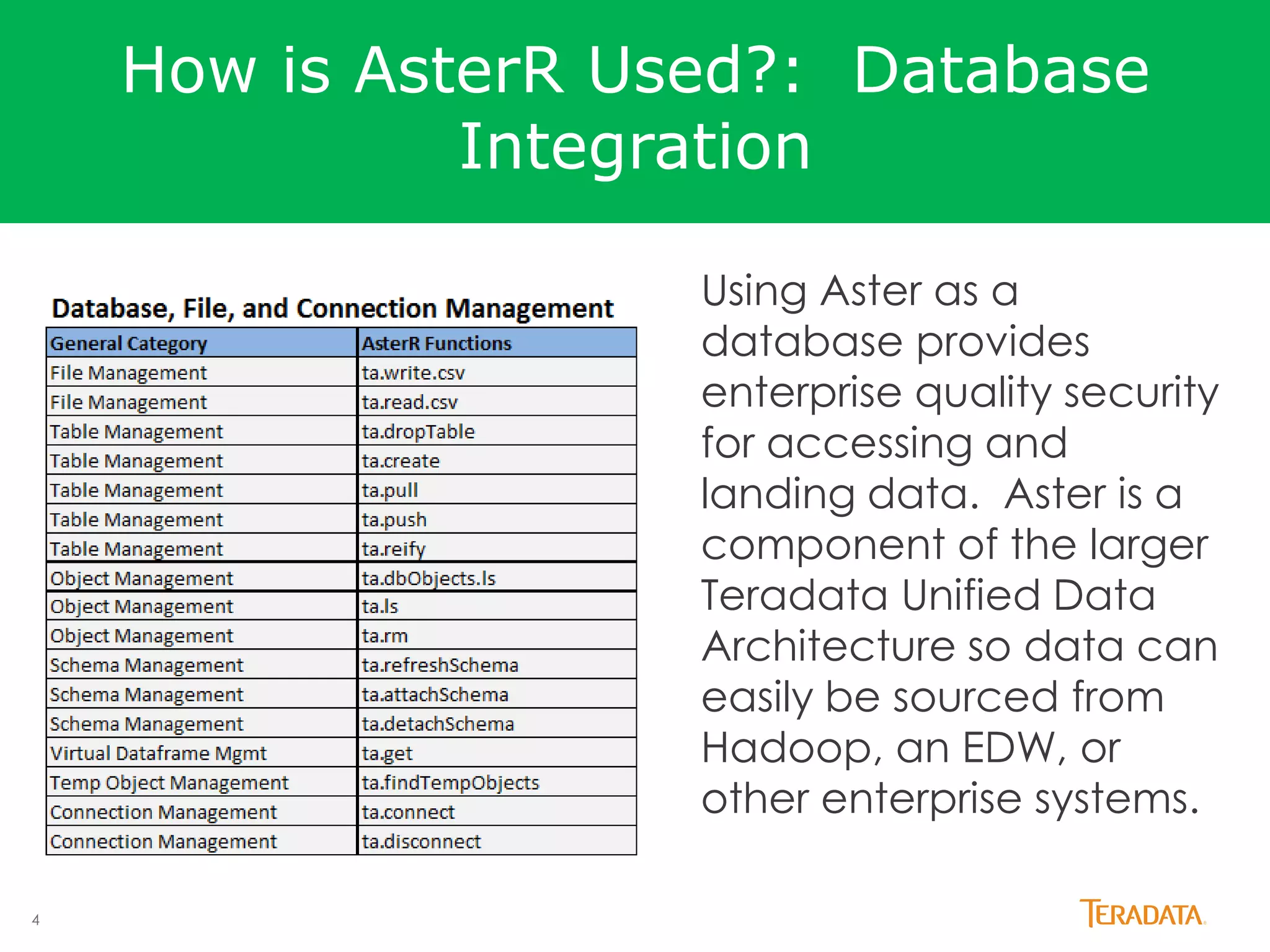 4
How is AsterR Used?: Database
Integration
Using Aster as a
database provides
enterprise quality security
for accessing and
landing data. Aster is a
component of the larger
Teradata Unified Data
Architecture so data can
easily be sourced from
Hadoop, an EDW, or
other enterprise systems.
 