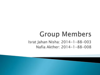 Israt Jahan Nisha: 2014-1-88-003
Nafia Akther: 2014-1-88-008
 