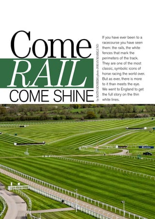 62	 GALLOPMAGAZINE
Come
RAILCOME SHINE
If you have ever been to a
racecourse you have seen
them: the rails, the white
fences that mark the
perimeters of the track.
They are one of the most
classic, symbolic icons of
horse racing the world over.
But as ever, there is more
to it than meets the eye.
We went to England to get
the full story on the thin
white lines.
byMATSGENBERGphotoJOHANMARKLUND
 