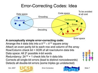 Oct. 2007 Error Correction Slide 7
Error-Correcting Codes: Idea
A conceptually simple error-correcting code:
Arrange the k data bits into a k1/2  k1/2 square array
Attach an even parity bit to each row and column of the array
Row/Column check bit = XOR of all row/column data bits
Data space: All 2k possible k-bit words
Redundancy: 2k1/2 + 1 check bits for k data bits
Corrects all single-bit errors (lead to distinct noncodewords)
Detects all double-bit errors (some triples go undetected)
Encoding
Decoding
Data words Codewords
Noncodewords
Errors
Data space Code space
Error space
0 1 1 0
0 1 0 1
1 0 1 0
1 0 0 1
0
To be avoided
at all cost
 