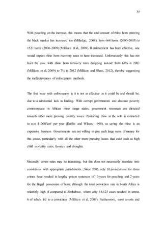 35
With poaching on the increase, this means that the total amount of rhino horn entering
the black market has increased too (Milledge, 2008), from 664 horns (2000-2005) to
1521 horns (2006-2009) (Milliken et al., 2009). If enforcement has been effective, one
would expect rhino horn recovery rates to have increased. Unfortunately this has not
been the case, with rhino horn recovery rates dropping instead from 68% in 2001
(Milliken et al, 2009) to 7% in 2012 (Milliken and Shaw, 2012), thereby suggesting
the ineffectiveness of enforcement methods.
The first issue with enforcement is it is not as effective as it could be and should be,
due to a substantial lack in funding. With corrupt governments and absolute poverty
commonplace in African rhino range states, government resources are directed
towards other more pressing country issues. Protecting rhino in the wild is estimated
to cost $1000/km² per year (Dublin and Wilson, 1998), so saving the rhino is an
expensive business. Governments are not willing to give such large sums of money for
this cause, particularly with all the other more pressing issues that exist such as high
child mortality rates, famines and droughts.
Secondly, arrest rates may be increasing, but this does not necessarily translate into
convictions with appropriate punishments. Since 2006, only 10 prosecutions for rhino
crimes have resulted in lengthy prison sentences of 10 years for poaching and 2 years
for the illegal possession of horn; although the total conviction rate in South Africa is
relatively high if compared to Zimbabwe, where only 18/123 cases resulted in arrest,
6 of which led to a conviction (Milliken et al, 2009). Furthermore, most arrests and
 